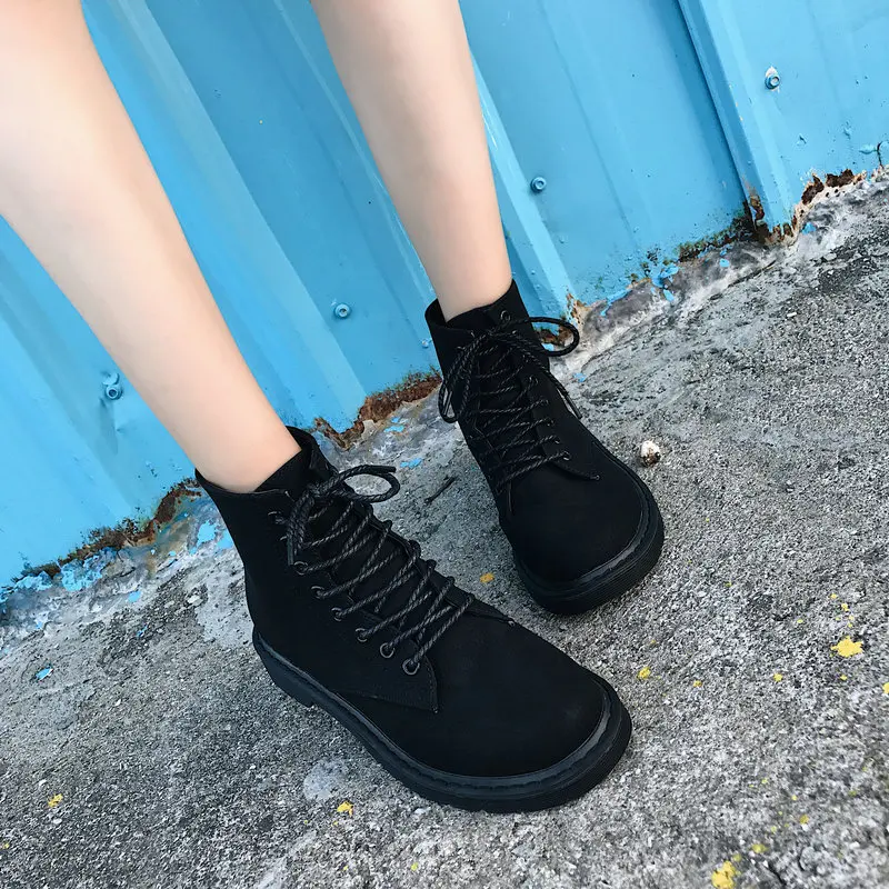 

2019 New Women Boots Autumn Winter Ankle Boot for Female Lace Up Low Heel Shoes Cross Tied Moto Cycle Suede Leather Botas Ladies