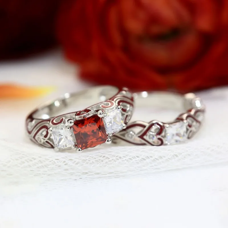 WalerV Luxury Wedding Rings Pair Red Engagement Band Ring Sets For Women Zirkonia Crystal Jewelry Forever Love Green Zircon Ring