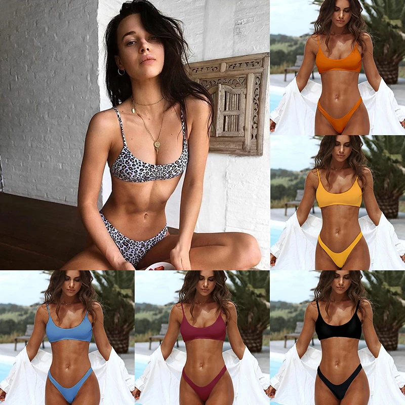 

Sexy Bikini 2019 Swimwear Women Leopard Print Push Up Padded Bra Bikini Set Swimsuit Beach Wear Bathing Female Solid Summer Red