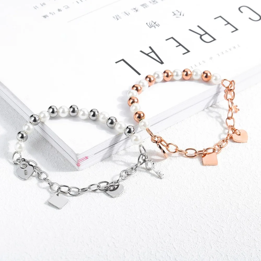 FATE LOVE Fashion Jewelry Cute Luxury Stainless Steel Women Simulated-Pearl Bead Chain Heart Charm Bracelet & Bangles