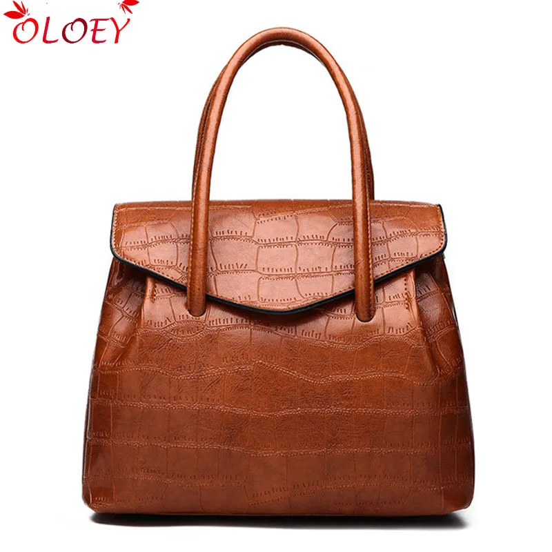 

2018 New Retro oil wax PU Leather Women Handbag Lady Alligator Hobos Bag Patchwork Shoulder Bags Women Large Capacity SacA Main