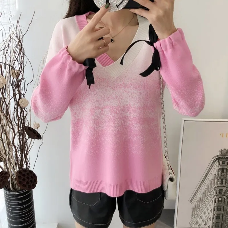 

PEONFLY New 2019 Autumn Winter Sweater For Women Gradient Color Jumper Pink Red Yellow Loose V Neck Knitted Sweater Female Lady