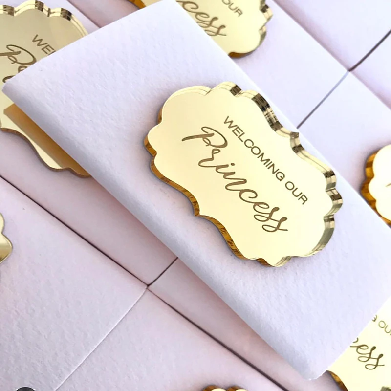 

Custom Made Gold Acrylic Mirror Tags, Lettering Name Logo, Personalized Acrylic Tags for Baby Shower Chocolate Favors