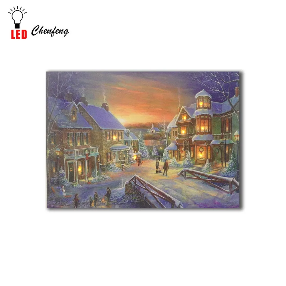 Günstige Führte leinwand druck Weihnachten stadt nacht in winter wand bild Beleuchten leinwand Malerei licht up poster drucken urlaub geschenk