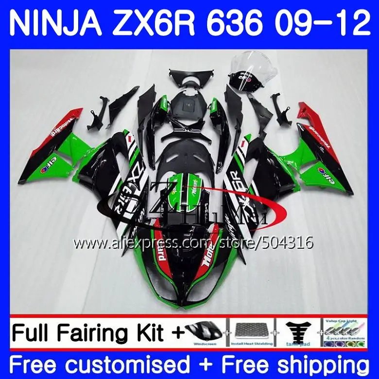 Комбинезоны для KAWASAKI NINJA ZX636 ZX-6R ZX-636 600CC 7NO. 1 ZX6R 09, 10, 11, 12, ZX 636 ZX 6R 2009 2010 2011 2012 Обтекатели цвета: зеленый, черный