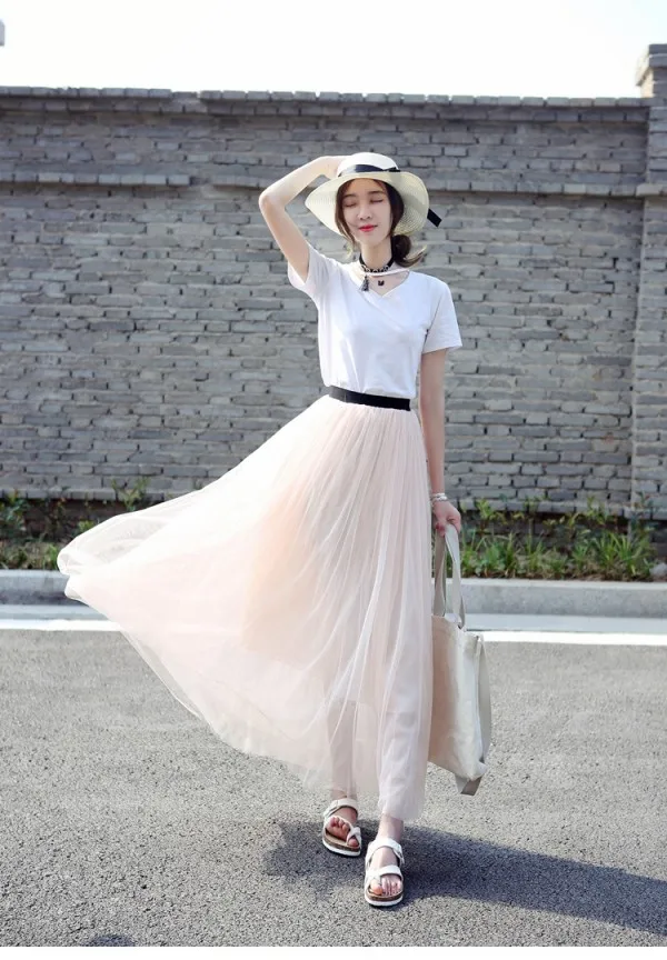 Новая длинная юбка из тюля, юбка-пачка, женская повседневная юбка до середины икры 70-90 см, женские юбки 8SK009 - Цвет: Розовый