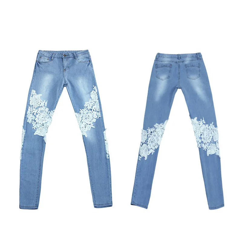 NORMOV 2019 новые женские джинсы с кружевной высокой талией, рваные узкие брюки, обтягивающие длинные джинсы, Длинные уличные стильные