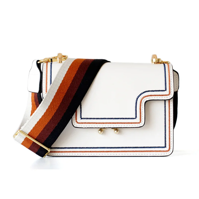 

Genuine Leather Flap Bags Contrast Color Leather Crossbody Bags With Wide Straps for Women Fashion Shoulder Handbags and Clutch