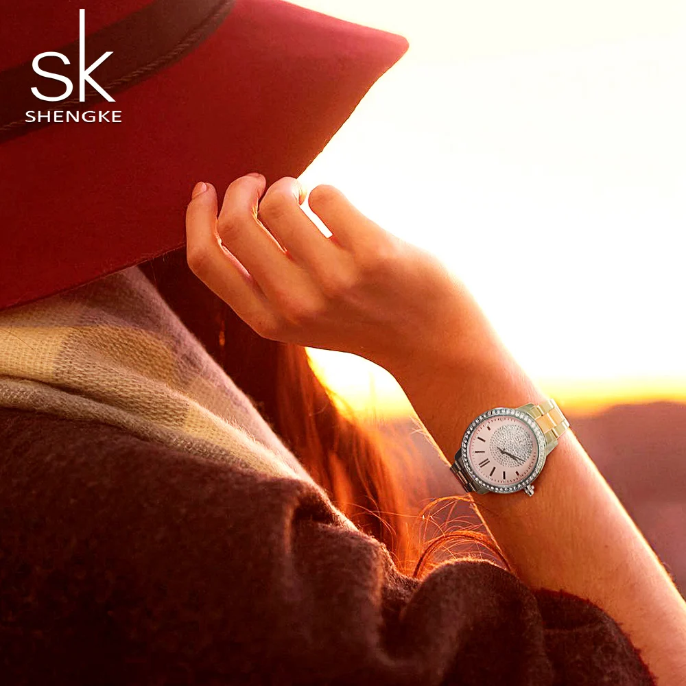 ShengKe Luxury Watch Women Rhinestone Classic Minimalism Stainless Steel Ladies Wristwatch Casual Waterproof Female Clock Gift