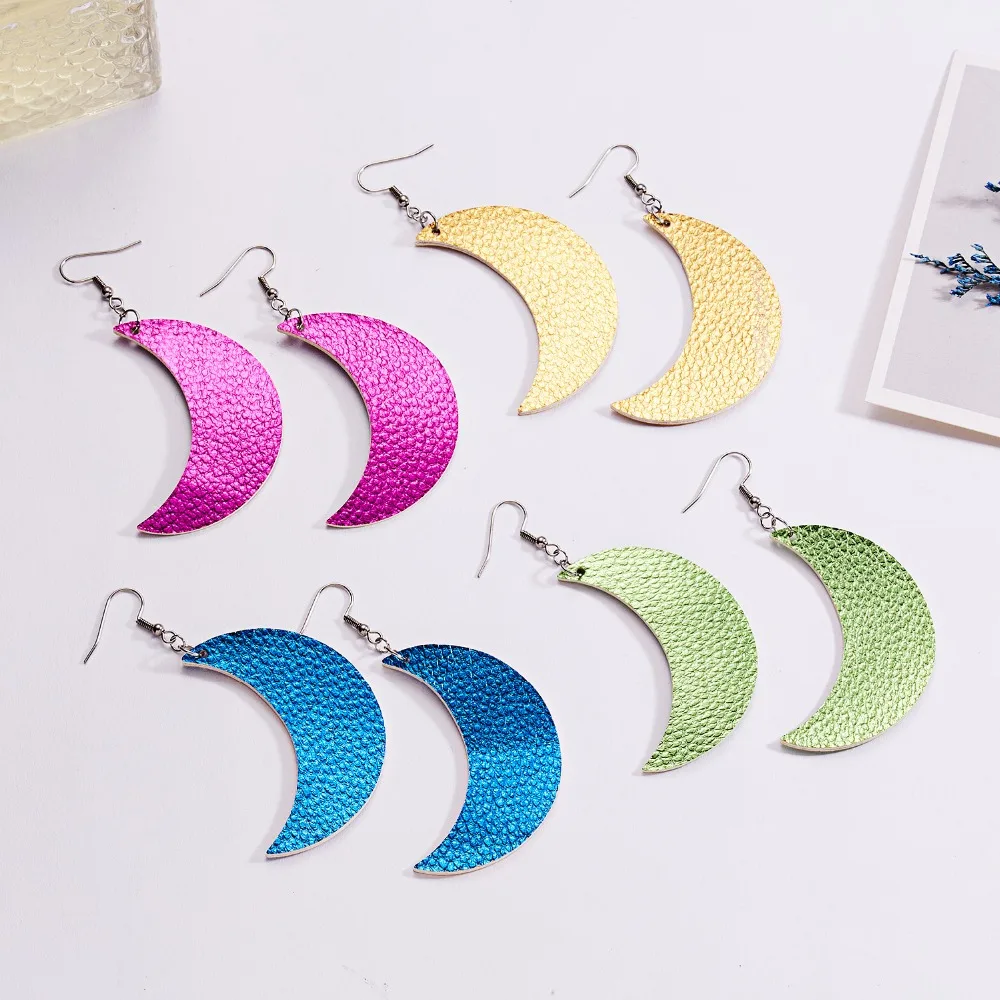 

Boho PU Leather Teardrop Earrings Shining Moon Dangle Statement Earrings For Women WaterDrop Leather Earring Party Girls Jewelry