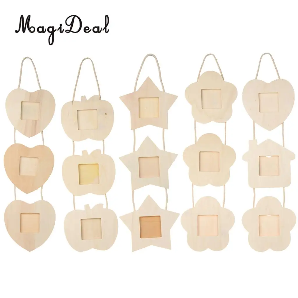 

MagiDeal Rustic Wooden Hanging Photo Frame 3 Family Picture Frames Party Kids DIY ColorDecor Gifts