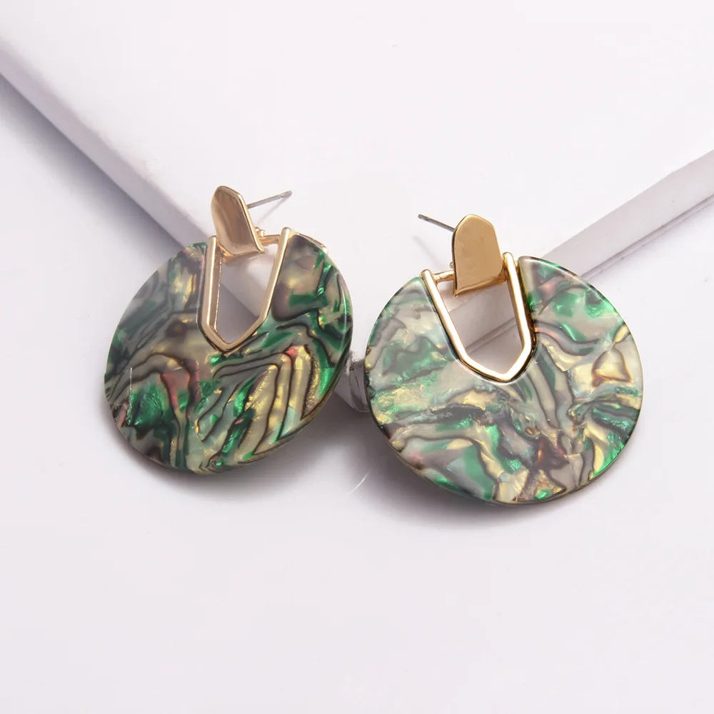 

Colorful Resin Acrylic Round Dangle Earrings For Women Unique Design U Shape Statement Abalone Shell Earrings Wedding Jewelry