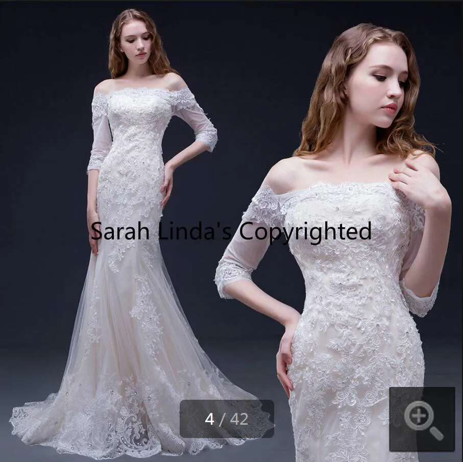 

2015 elegant mermaid off the shoulder half sleeve lace wedding dresses beaded formal scoop neckline wedding gowns hot sale
