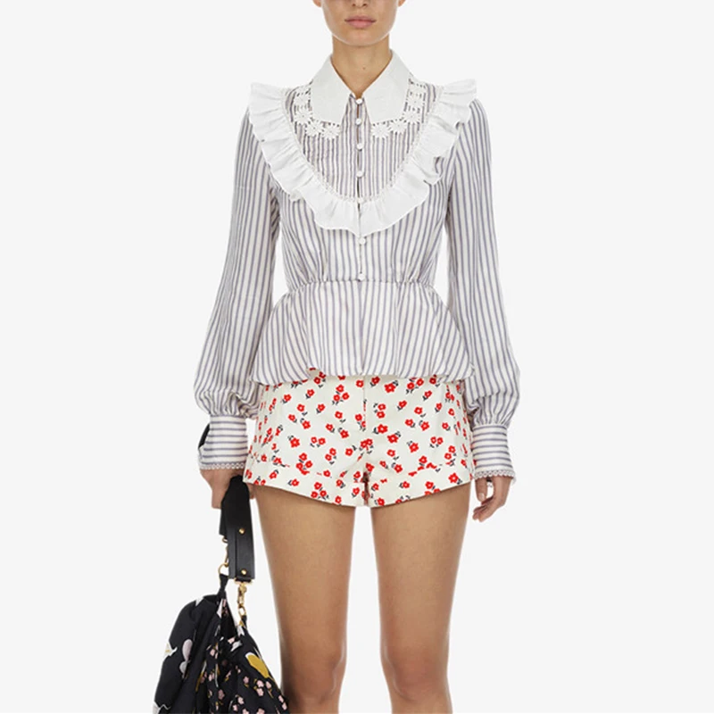 

Self Portrait Runway Designer Tops 2019 Spring Women Elegant Ruffles Button Long Sleeve Lace Patchwork Striped Blouses Shirts