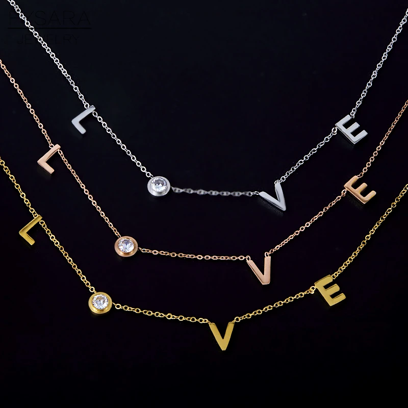 

FYSARA Stainless Steel Round Crystal Pendants Necklace Couple Romantic Luxury LOVE Necklace for Women Choker Wedding Jewelry
