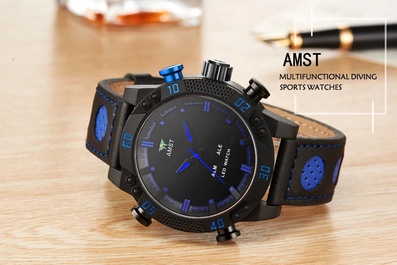 AMST Для мужчин часы кварцевые часы Многофункциональный двигаться Для мужчин t двойной Дисплей спортивные часы Для мужчин роскошные кожаные
