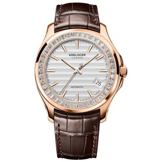 Бренд Agelcoer роскошные часы Мужские автоматические драгоценные камни 40 шт. Swarovski Кристалл Камень натуральная кожа часы 6301E1 - Цвет: 6301F2