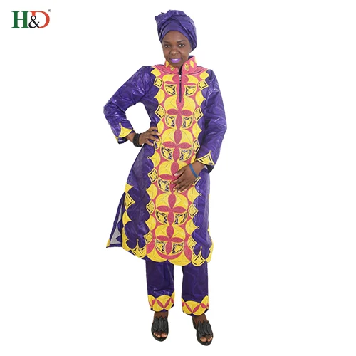H& D африканские платья для женщин одежда хлопок Базен шарфы с вышивкой головные уборы Топы Брюки Костюмы Дашики платье для леди - Цвет: Фиолетовый