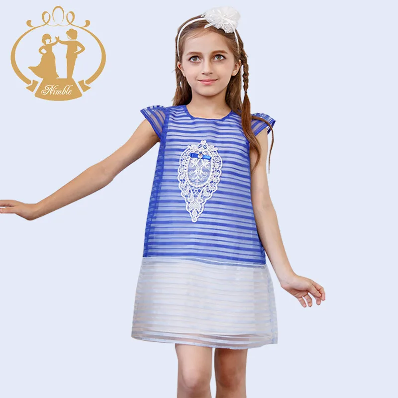 

Nimble Girls Clothes Vestidos Blue Striped Knee-Length O-neck Short Sleeve Appliques Beading Moana Trolls Christmas Costumes