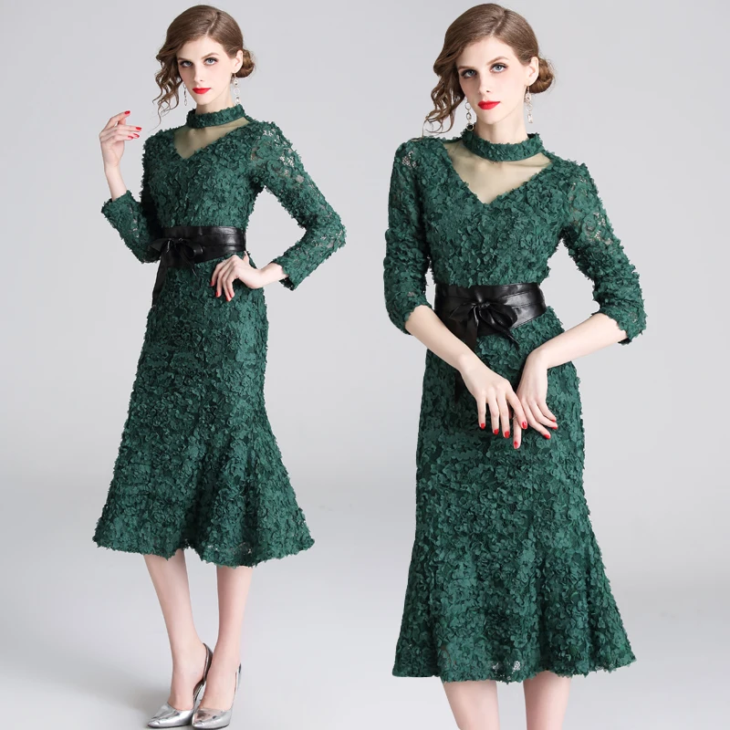 

ZP6506 - Spot photo 2019 new style retro three-dimensional flower fashion sexy body-building V-collar waist dress