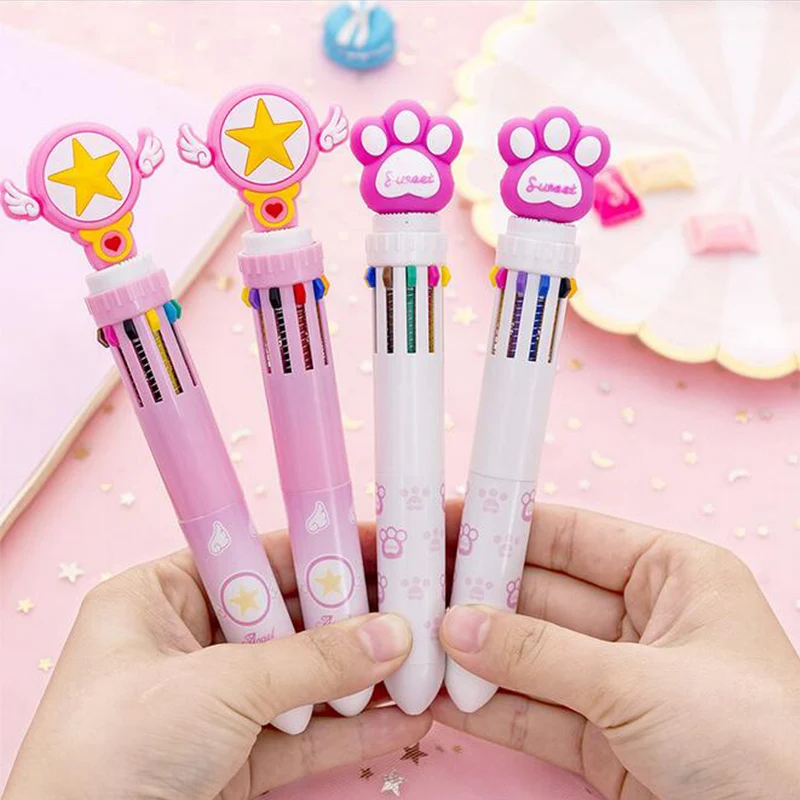 

Cartoon pink paw 10 in 1 multi-colored ballpoint pen push type pen stationery canetas material escolar school supplies