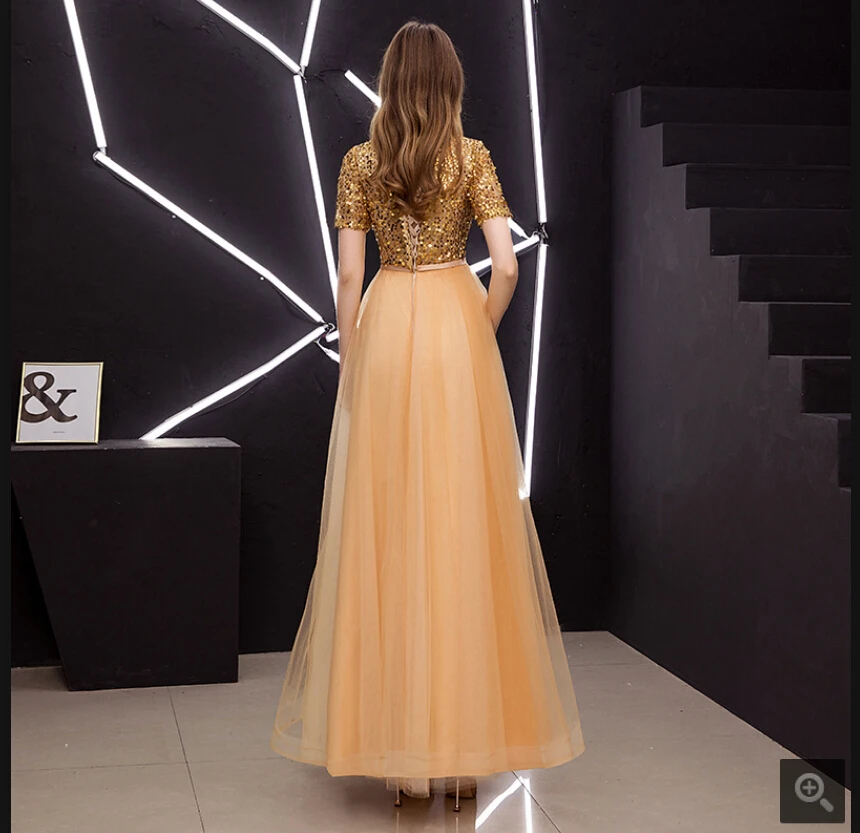 Vestido De Festa Золотое расшитое блестками тканевое ТРАПЕЦИЕВИДНОЕ скромное вечернее