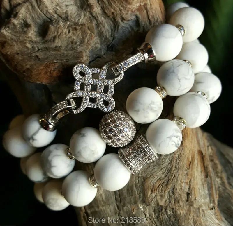 

White Beads Stretch Bracelets Pave Tube CZ ball Clasp Bracelets set of 3 SE22714