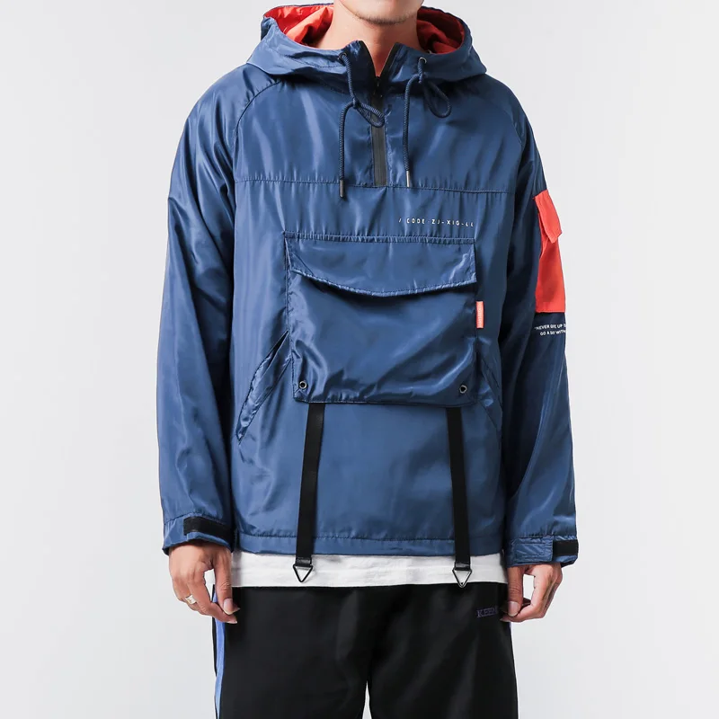  Japanese Contrast Color Sport Hoodie Men Hip Hop Long Sleeve Loose Jacket Big Pocket Fashion