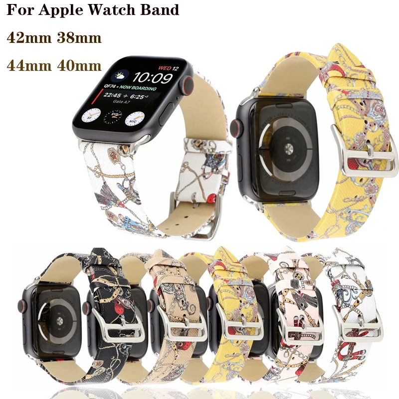 

Genuine Leather Bracelet Strap for Apple Watchband 4 44/40mm Chain Pattern Wristband accessories For iWatch series 3 2 1 42/38mm