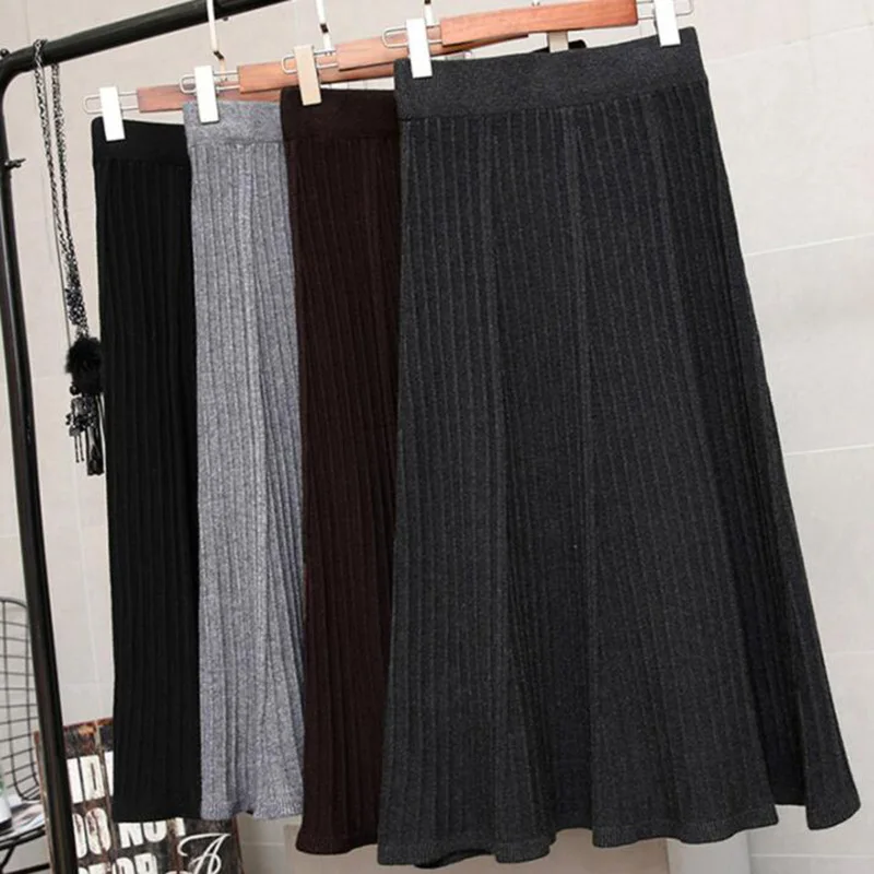 Весенняя мода женская вязаная элегантная длинная юбка с высокой талией плиссированные юбки Saia винтажная Женская трапециевидная юбка миди черная