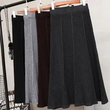 Весенняя мода женская вязаная элегантная длинная юбка с высокой талией плиссированные юбки Saia винтажная Женская трапециевидная юбка миди черная
