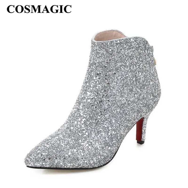 

COSMAGIC 2018 New Women Bling Glitter Fashion Ankle Boots High Heel Zip Solid Silver Wedding Short Botas Mujer Plus Size