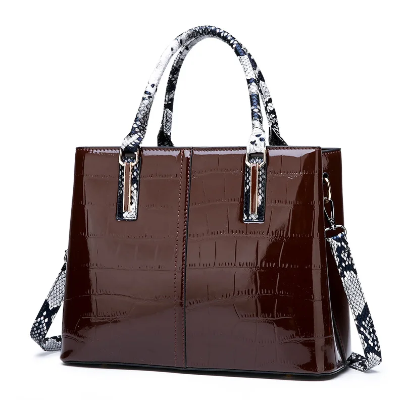 Новая крокодиловая женская сумка из натуральной лакированной кожи, роскошные дизайнерские дамские сумочки, Ретро кошелек на плечо, большая женская сумка C950
