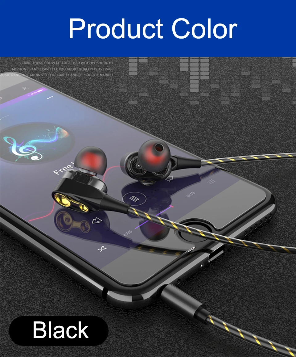 Dual speaker 3.5mm in-ear headphones double dynamic ring 1.2m Wired headphone cable for Android iOS Smart Mobile Phone (11)