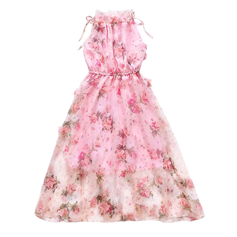 Платье с цветочным узором для девочек Летнее Детское платье принцессы Одежда для маленьких девочек детские праздничные пляжные платья без рукавов для девочек 8, 10, 12 лет - Цвет: Розовый