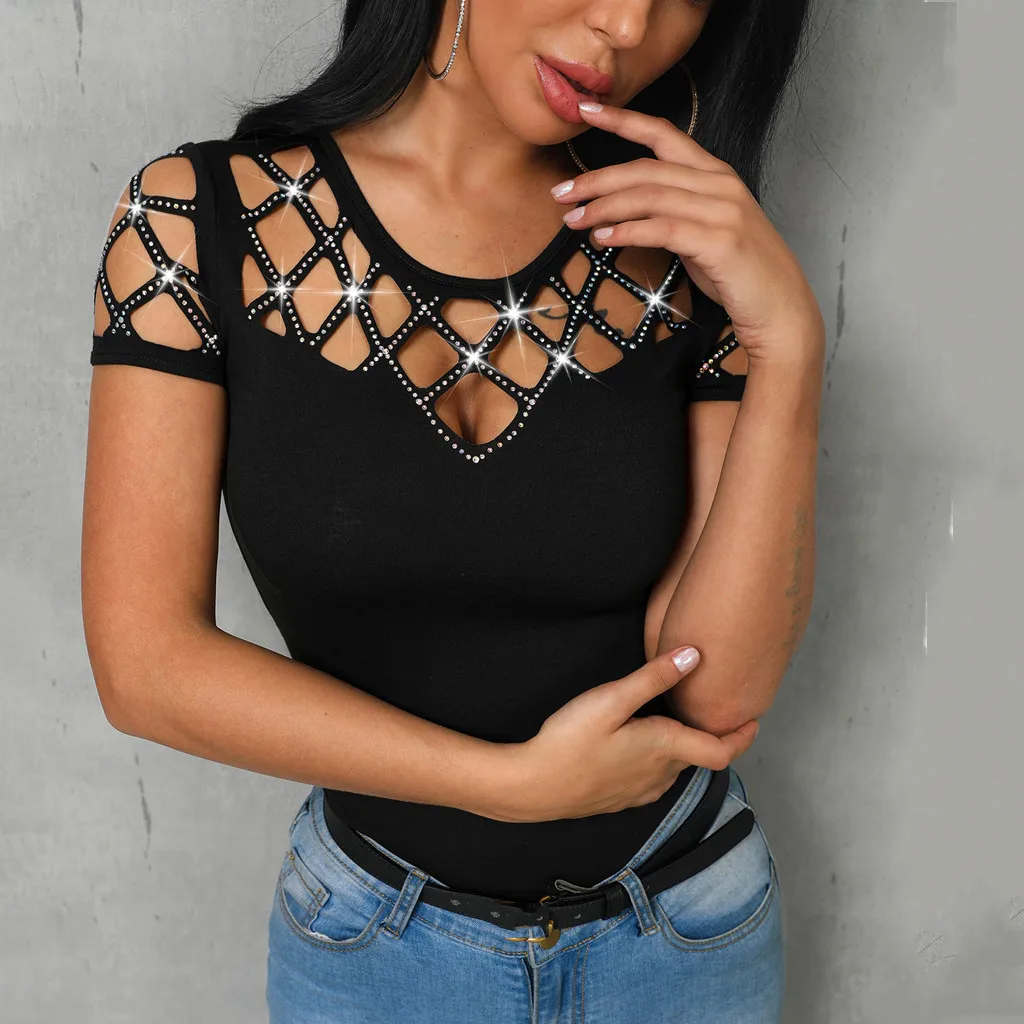 

Blouse Women O-Neck Short Sleeve Hollow Out Bling Nail Beading Casual Top Blusas Mujer De Moda Womens Blouses Chemise Femme