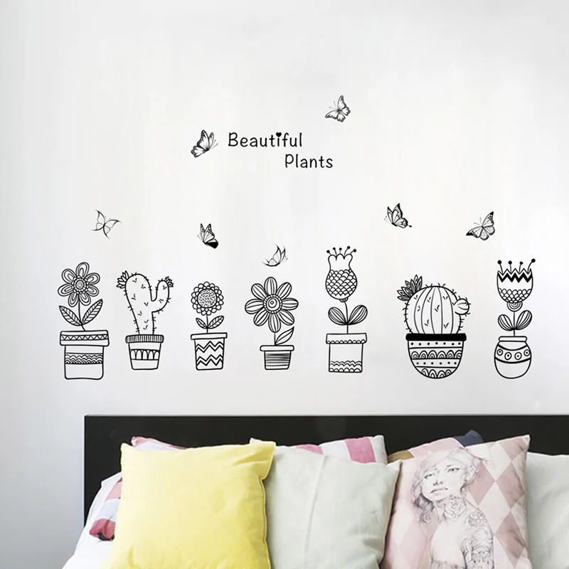 Garden Plants Bonsai Flower Butterfly Wall Stickers For Home Decor Living Rooms Kitchen Wall PVC Decals DIY Mural Art Decoration