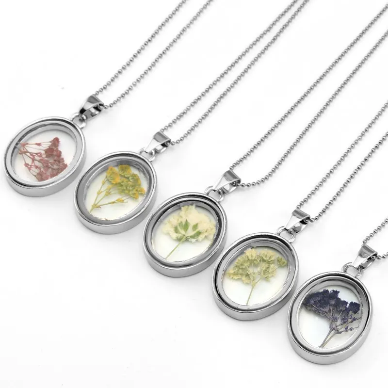 Будийские серебряные овальные сушеные цветы стеклянные ожерелья натуральные цветы образцы кулон ожерелье ювелирные изделия