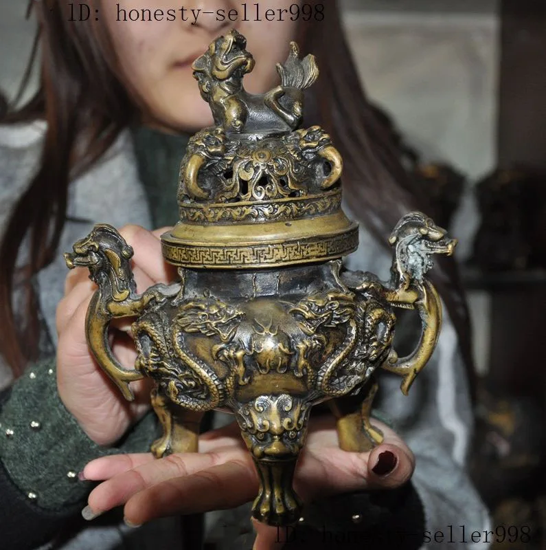 

Crafts statue 8"Chinese palace bronze Dragon lion beast foo dog statue Incense burner Censer