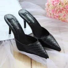 2017 Sexy Pearl Inset Slipper Sandals Women Patched Black toe Beads Twined Stiletto High Heels Buckled Pointed toe Sandal Shoes