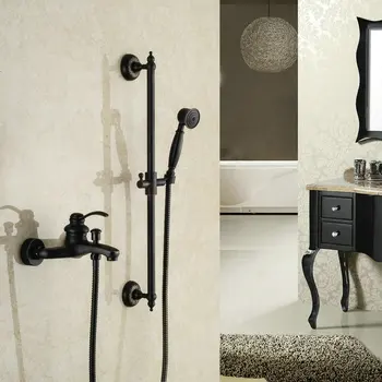 

Oil Rubbed Bathroom Black Bronze Finished Shower Set Mixer Tap Wall Mounted Dual Handle Antique Solid Brass Bathtub Shower Kit