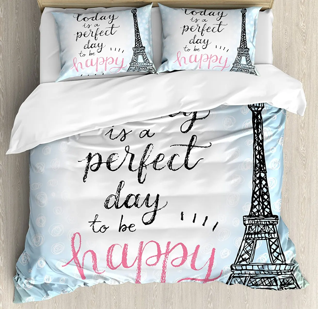 

Duvet Cover Set, Perfect Day Eiffel Tower Polka Dot Handwriting Typography Sketch Print Paris, 4 Piece Bedding Set