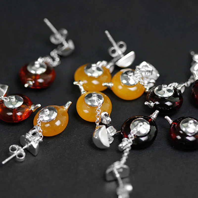 Lotus Fun Real 925 Sterling Silver Natural Amber Handmade Fine Jewelry Cute Teapot Jewelry Set with Dangle Earring Bracelet