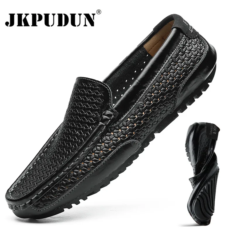 

Summer Men Shoes Casual Luxury Brand Genuine Leather Mens Loafers Moccasins Italian Breathable Slip on Boat Shoes Black JKPUDUN