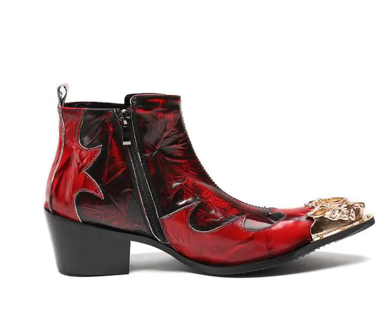 Zobairou/корейский стиль; Роскошные брендовые красные свадебные ботинки из лакированной кожи; ковбойские ботинки в байкерском стиле с острым носком; мужская обувь на высоком каблуке