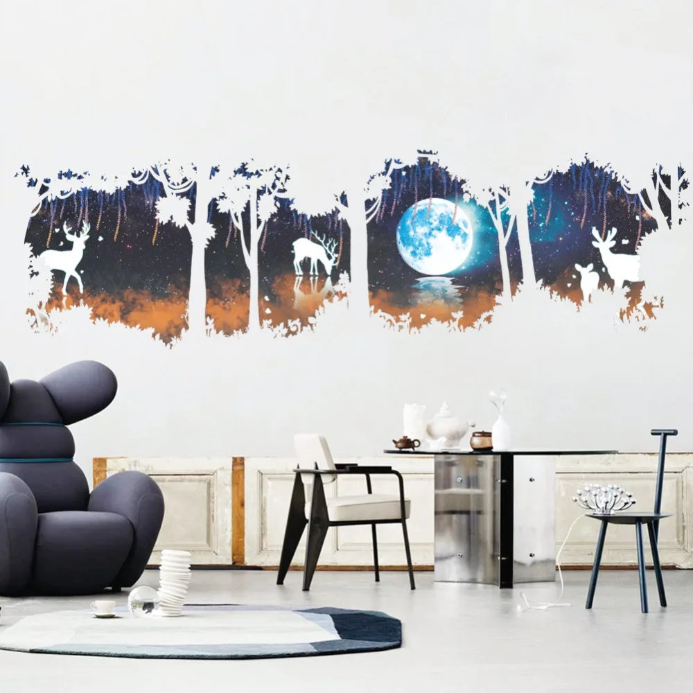 

Huge Tree Forest deer Elk Moon Lake Wall Stickers Modern Decorations For Living Room Bedroom Decor Home Decal Poster
