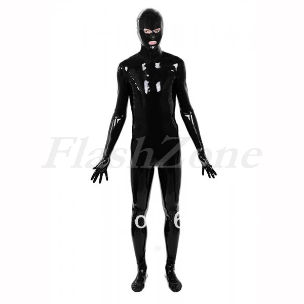 

Full cover men close fitting latex rubber catsuit with back zip to abdomen