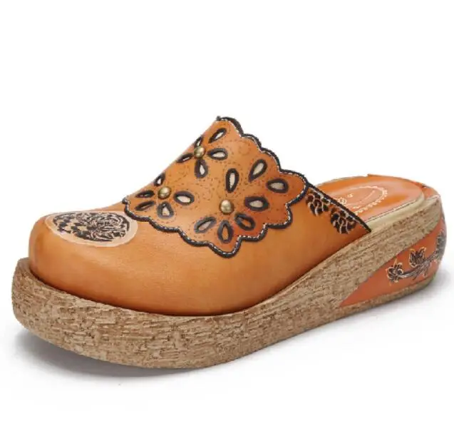 GKTINOO/тапочки; обувь из натуральной кожи; шлепанцы ручной работы на платформе; сабо для женщин; женские шлепанцы - Цвет: Оранжевый