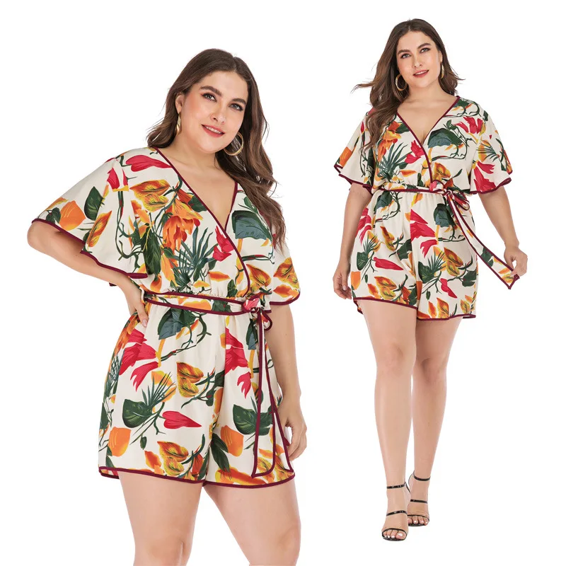 

plus size summer romper jumpsuits new sexy V-neck waist printed panties shorts Europe and the United States