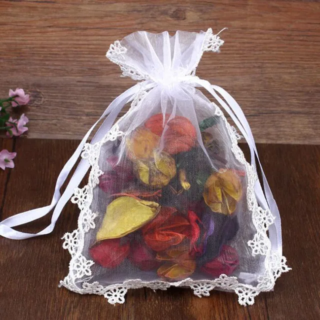 13x17cm White Rustic Small Lace Organza Flower Favor Bags Wedding and
